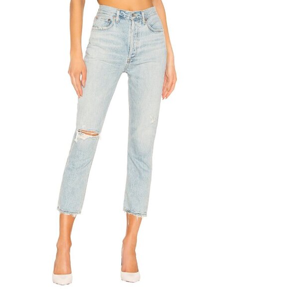 AGOLDE Riley High Rise Straight Crop Distressed Light Fading Blue Jeans Size 24 - Picture 1 of 7